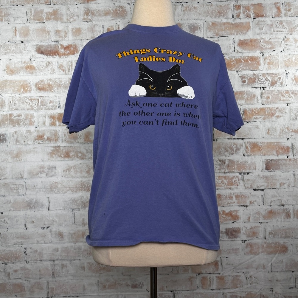 True Vintage Y2K Lilac Crazy Cat Lady Short Sleeve Double Stitch Graphic T-Shirt